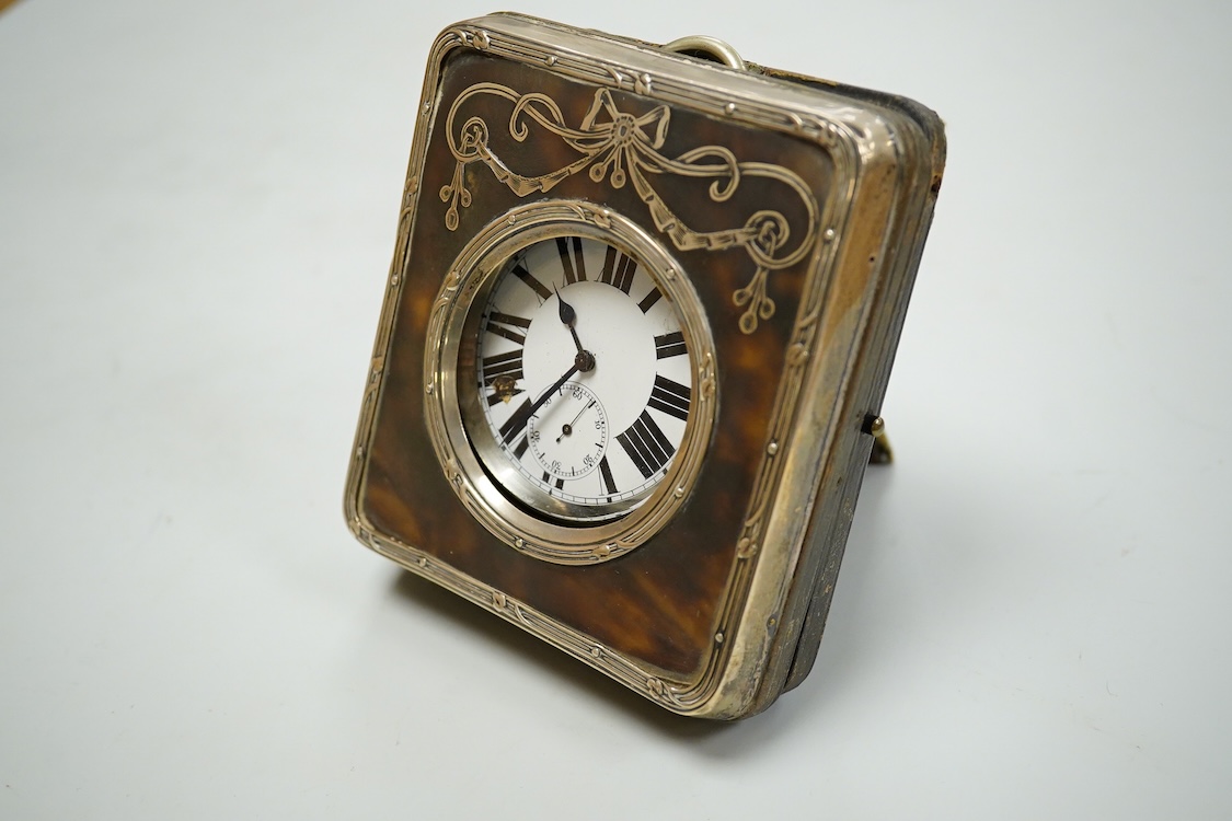 An Edwardian silver and pique inlaid tortoiseshell pocket watch case, Henry Clifford Davis, Birmingham 1909, 11.3cm, containing keyless pocket watch.